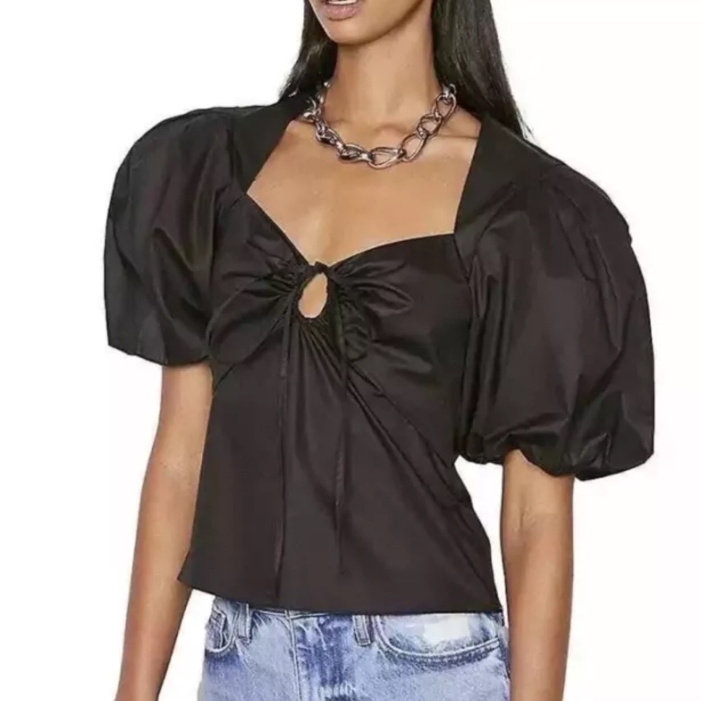 NWT Frame Black Puff Sleeve Tie Front Top Women's Large Sz XS